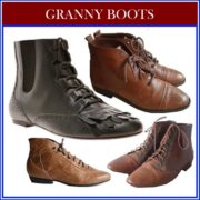 A collection of granny boots are shown in this image.