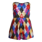 A colorful diamond pattern sequined dress is shown.