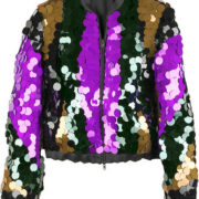 A purple and green jacket with sequins on it.
