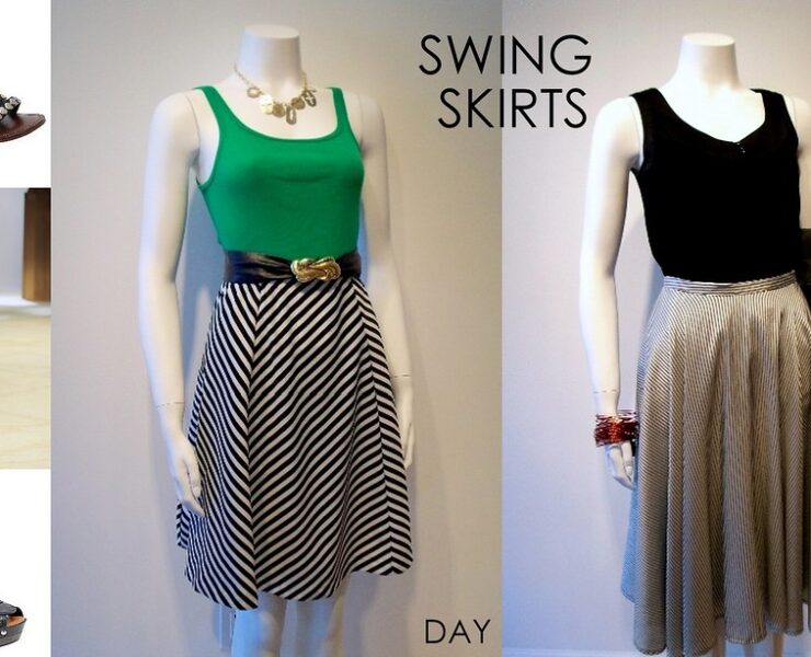 Two different outfits of a dress that are on display.