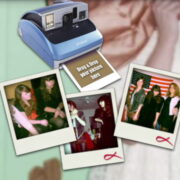 A polaroid camera with three pictures of people.